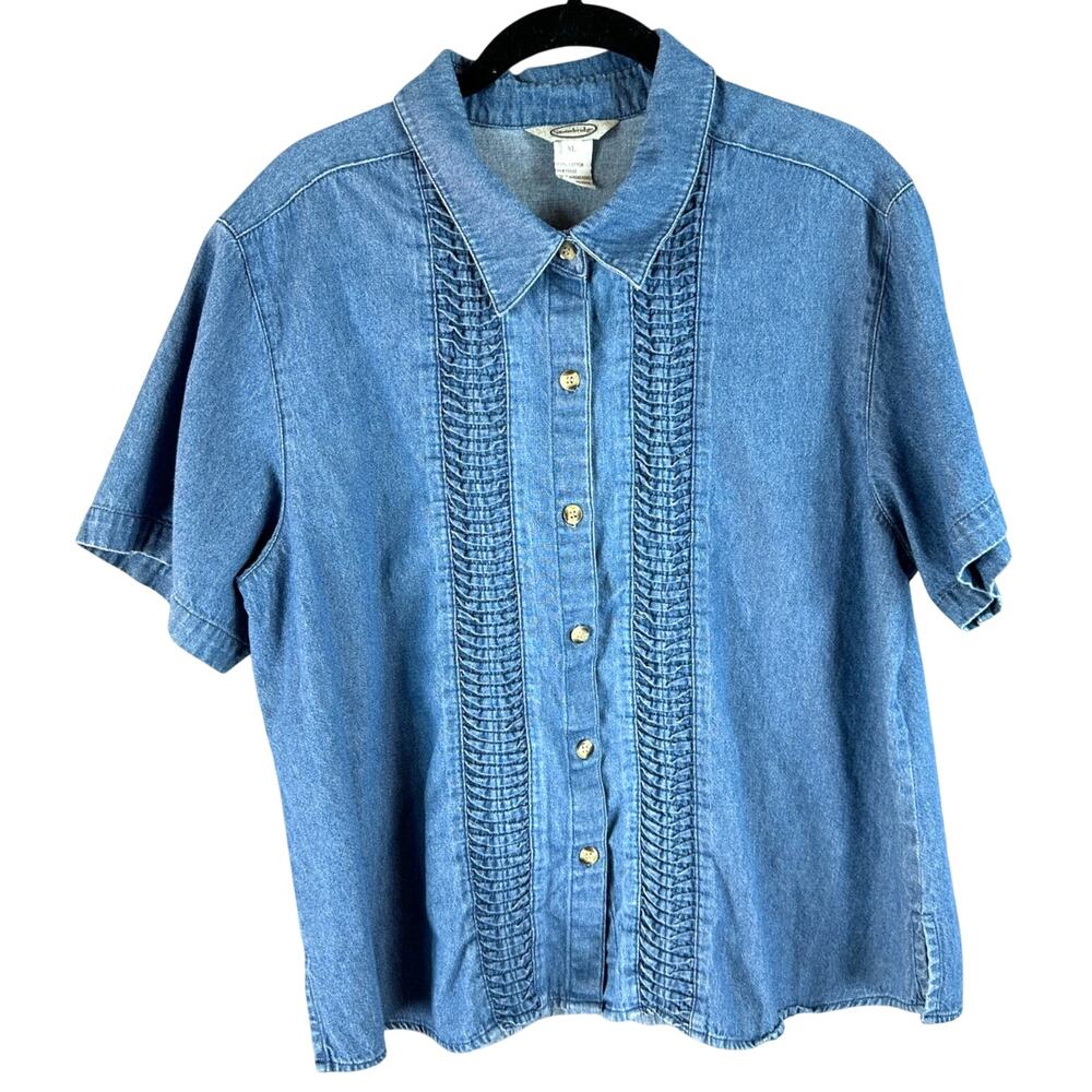 Vintage 90s Stonebridge Womens XL Denim Shirt Pleated Button Front Blue Cotton